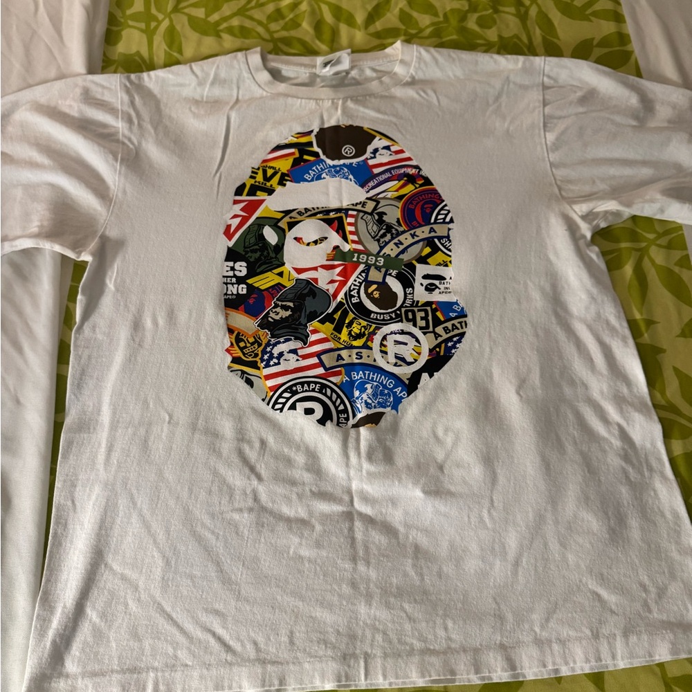 Bape White Tee with Multicolor Logo Tag